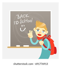 "Back to school" Vector illustration of a teenage boy with a backpack near a schoolboard in the classroom. Design characters. Flat style