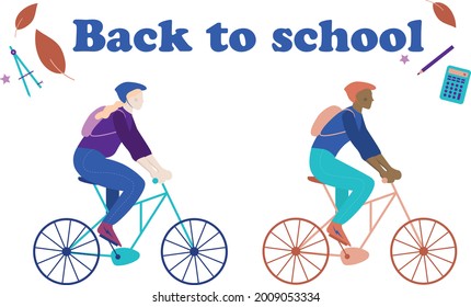 Back to school vector illustration with text "back to school". Illustration with children riding bikes for back to school with school supplies around.