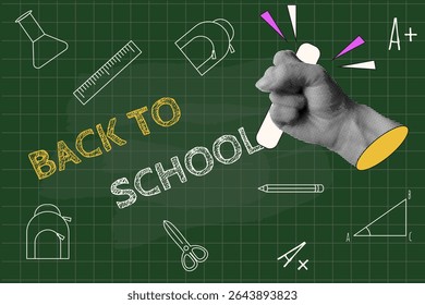 Back to School vector illustration. Back to School text and doodle School  symbol on the dirty blackboard. Halftone hand with Chalk. EPS 10