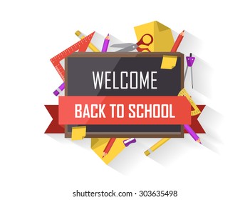 Back to school vector illustration with text, supplies and long shadows