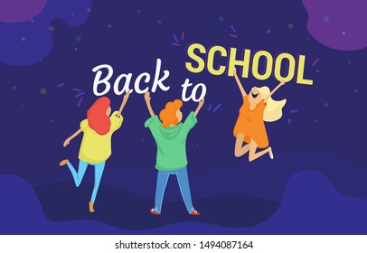 Back to school vector illustration of three happy pupils holdings letters. Flat design of celebrating 1 of September for preschool classes and courses enrolling services