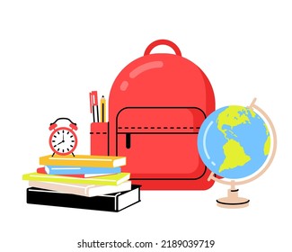 Back to school vector illustration with school tools. Globe, books, backpack and clock