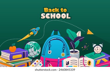Back to school vector illustration. School tools, accessory supplies. Greeting text sign, stationery design, pen pencil, book, paper plane, backpack on green background. Copy space.