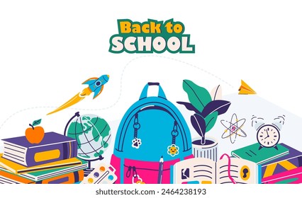 Back to school vector illustration. School tools, accessory supplies. Greeting text sign, stationery design, pen pencil, book, paper plane, backpack background. Isolated on white, copy space.