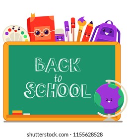 Back to school vector illustration - welcome banner with school supplies cartoon characters with cute smiling faces around blackboard with chalk sign isolated on white background.