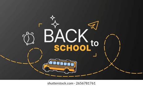 De volta à ilustração vetorial da escola com ônibus amarelo e linha pontilhada. Conceito de estudo para banner educacional e cartão de saudação.