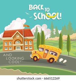 Back to school vector illustration with yellow school bus and school building in colorful vintage design