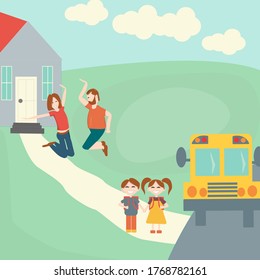 ''Back to school'' vector illustration.Parents giving high five as kids leave for school.