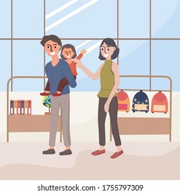 Back to school vector illustrations. Father and mother take their children to shopping to prepare for the semester by buying school supplies. Creating love and good relationships in the family.