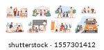 Back to school vector illustrations set. Preparation to Day of knowledge, school supplies buying, first grader gathering. Pupils and teacher, parents and children, bus driver cartoon characters.