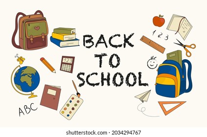 Back to school vector illustrations set. Books, notebooks, backpacks, paints, school supplies in bright colors. Doodle style, hand drawn