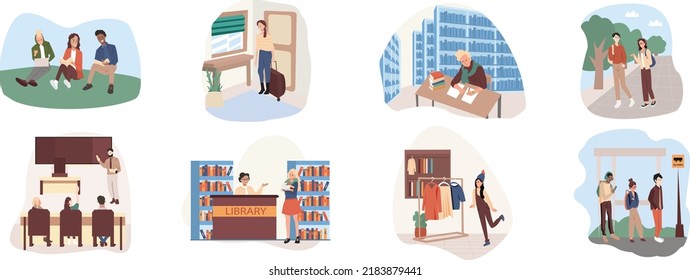 Back to school vector illustrations set. Preparation Day at library, students discuss assignment, first grader gathering. Pupils and lecturer, New clothes purchase, Uni students wait bus characters.