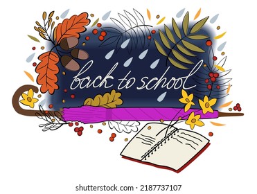 Back to school. Vector isolated illustration of umbrella, blackboard and exercise book surrounded with autumn leaves and rain drops. Education concept.