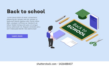 back to school vector isometric illustration with schoolboy is looking at school board