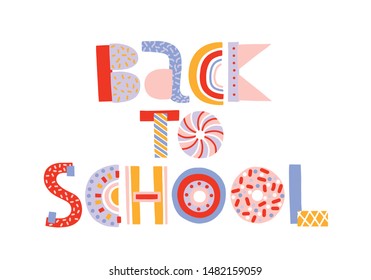 Back to School vector kids cartoon lettering. Vector Back to School quote. Hand drawn text Back to School background. Colorful Banner for September Knowledge day.