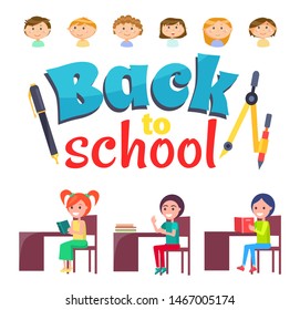 Back to school vector, kids sitting by tables loaded with books and textbooks. Literature classes, girls by desks reading printed publication on lesson. Back to school concept. Flat cartoon