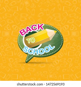 Back to school vector label with text and color pencil isolated on orange pattern background with doodle school supplies. back to school vector concept icon illustration.