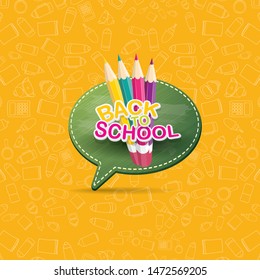 Back to school vector label with text and color pencil isolated on orange pattern background with doodle school supplies. back to school vector concept icon illustration.