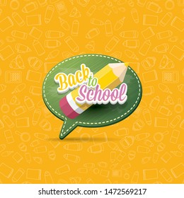 Back to school vector label with text and color pencil isolated on orange pattern background with doodle school supplies. back to school vector concept icon illustration.
