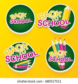 Back to school vector label with text and color pencil isolated on orange background. back to school vector concept icon illustration.