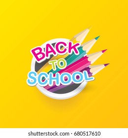 Back to school vector label with text and color pencil isolated on orange background. back to school vector concept icon illustration.