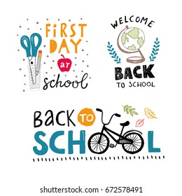 Back to school vector labels with scissors, globe and bicycle icons and handwritten words