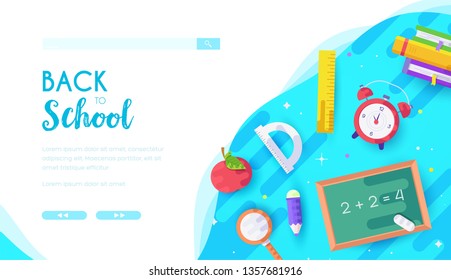 Back to school vector landing page template. Office supplies online store web banner design. Stationary seasonal sales advertising. Distance courses, lessons cartoon illustration with text space