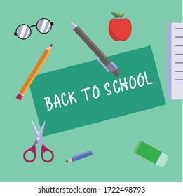 Back to school vector layout concept written on green cardboard, with school utensils surrounding in green background