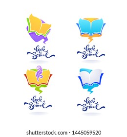 Back to school, vector lettering composition with  open book on speech bubble  background, vector banners collection