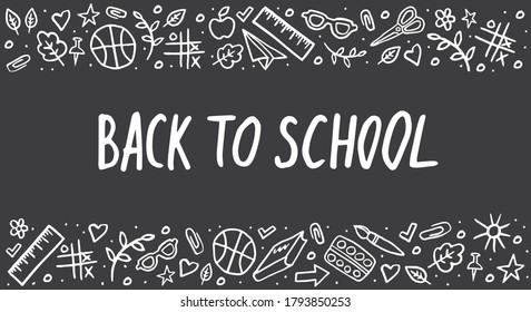 Back to school Vector Lettering and hand-drawn chemistry elements. Template frame on black background. Vector chalck illustration