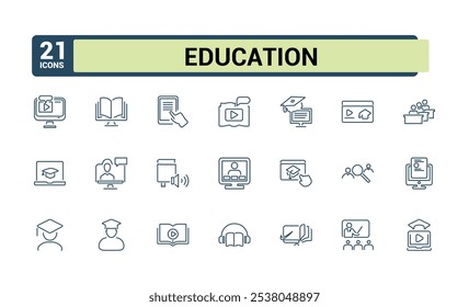 Zurück zur Schule, Vektorzeilen-Symbolsatz. Mit Schule, Schüler, Wissen, E-Book, Lernen, zurück, Akademie, Tasche. Dünne lineare Formatsymbole. Bearbeitbare Vektorgrafik.