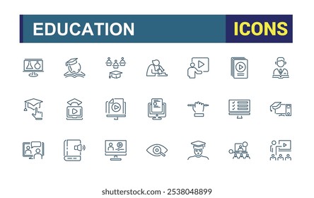 Zurück zur Schule, Vektorzeilen-Symbolsatz. Mit Schule, Schüler, Wissen, E-Book, Lernen, zurück, Akademie, Tasche. Dünne lineare Formatsymbole. Bearbeitbare Vektorgrafik.