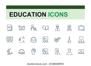 Zurück zur Schule, Vektorzeilen-Symbolsatz. Mit Schule, Schüler, Wissen, E-Book, Lernen, zurück, Akademie, Tasche. Dünne lineare Formatsymbole. Bearbeitbare Vektorgrafik.