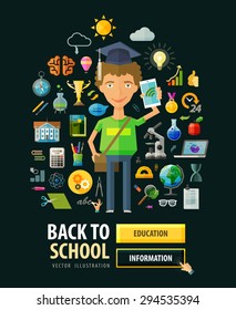 Back to school vector logo design template. Education, schooling or science icons