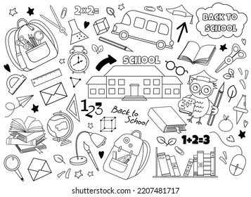 Back to school vector painting with college supplies, building and books. Education graphic design as concept of knowledge and creativity