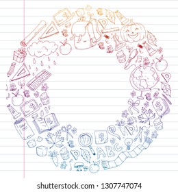 Back to school vector pattern. Education icons for children.