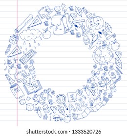 Back to school vector pattern. Education icons for children.