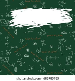 Back to school vector pattern with handwriting  on green background with empty space for adding the text
