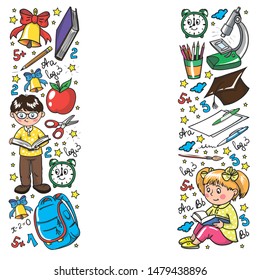 Back to School. Vector pattern with icons and children.