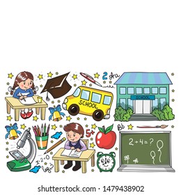 Back to School. Vector pattern with icons and children.