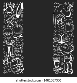 Back to School. Vector pattern with icons and children.