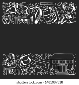 Back to School. Vector pattern with icons and children.