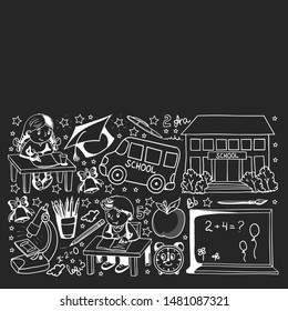 Back to School. Vector pattern with icons and children.