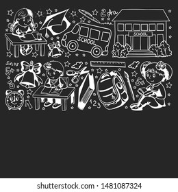 Back to School. Vector pattern with icons and children.