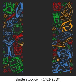 Back to School. Vector pattern with icons and children.