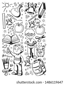 Back to School. Vector pattern with icons and children.