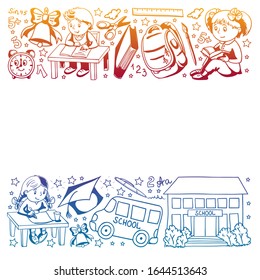 Back to School. Vector pattern with icons and children.