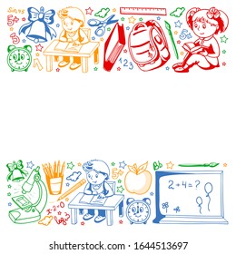 Back to School. Vector pattern with icons and children.