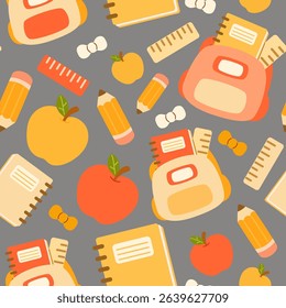 Back to school vector pattern with lively school elements on gray backdrop for stationery or decor.
