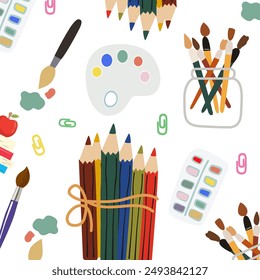 Back to school vector pattern. Set of school supplies. Set of tools for children's creativity. Pencils, paints, brushes and a paint palette background